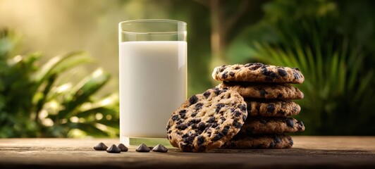 The Glass of Milk and Stack of Chocolate Chip Cookies in Morning Light