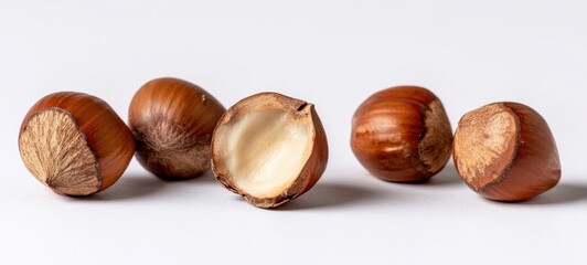 The Hazelnuts On A Clean White Background Featuring One Shelled Kernel In Closeup