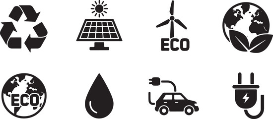 Eco friendly icons set, including recycling symbol, solar panel, wind turbine, earth globe with leaf, eco logo, water droplet, electric car charging, and power plug with lightning