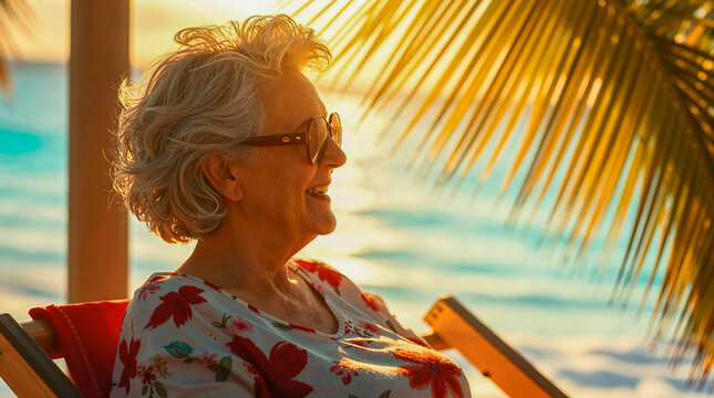 AI-generated image of a Canadian snowbird senior female on a tropical beach