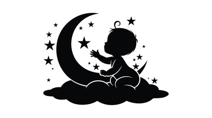 Black silhouette baby reaching for moon and stars on clouds