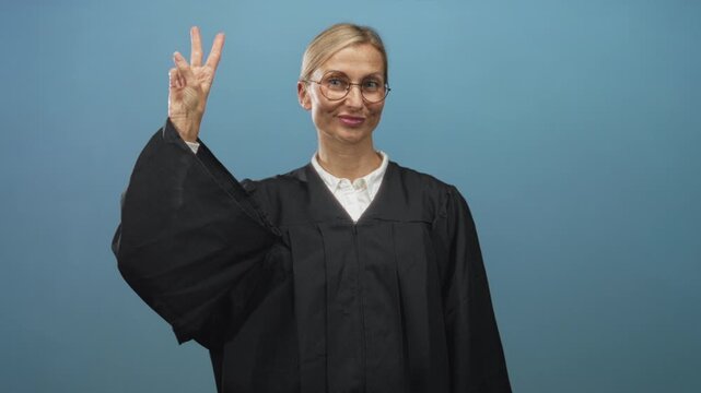 Woman judge in black robe points index finger up in studio against blue backdrop, wearing glasses and slight smile; justice confident.