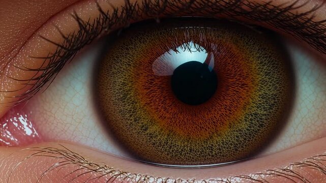 Extreme macro close-up of a human eye iris showing deep amber and brown textures, sharp focus on the pupil with subtle light reflections. Created with generative AI.