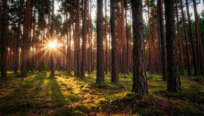 Fototapeta premium Sun flares through tall trees in a forest, casting light and shadow on the forest floor with moss