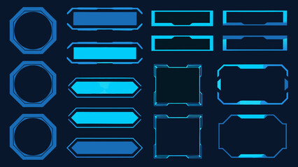 A collection of futuristic glowing blue frames and interface elements