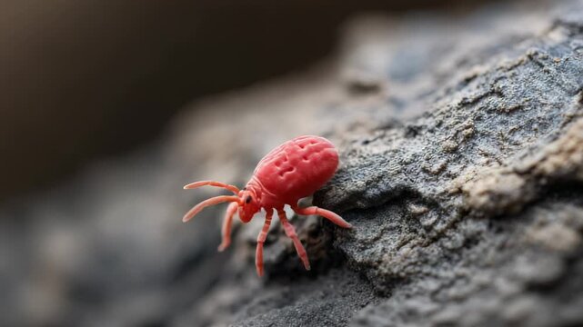 Microscopic red velvet mite navigating textured gray rock surface, revealing intricate body details and vibrant scarlet coloration in precise natural environment