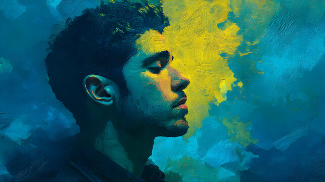 Man contemplating, portrait with abstract oil painting texture