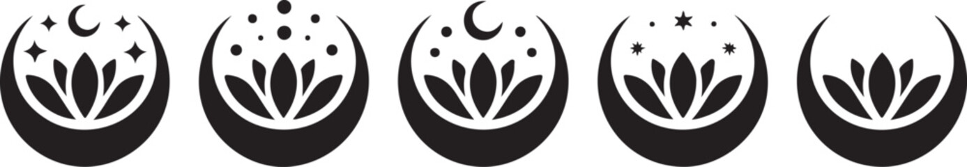 Set of Crescent moons with lotus flower, Flower Moon, Floral magic celestial clipart, Blooming Lotus Moon with Stars, Moon Phases © Ranaart