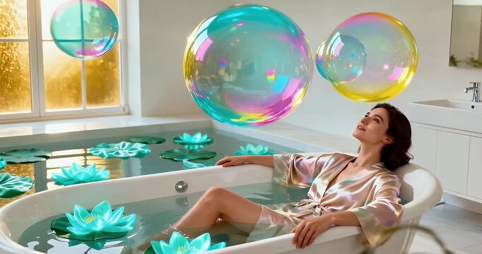 Woman relaxing in a luxurious bathtub filled with glowing blue lotus flowers and surrounded by large, colorful iridescent bubbles.