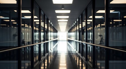 Fototapeta premium Dimly lit office hallway stretching into bright light, modern interior design with glass walls and ceiling lights