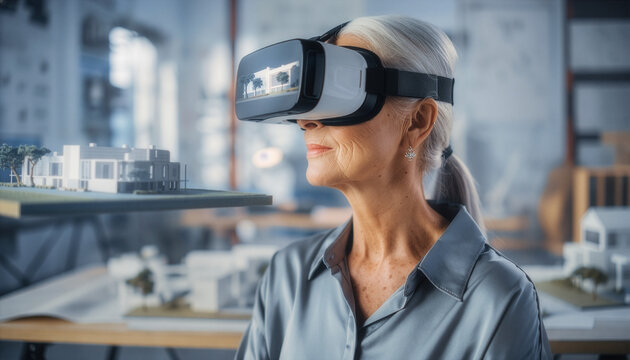 Senior female architect using mixed reality headset to manipulate a 3D holographic building model in a bright studio, future of construction.