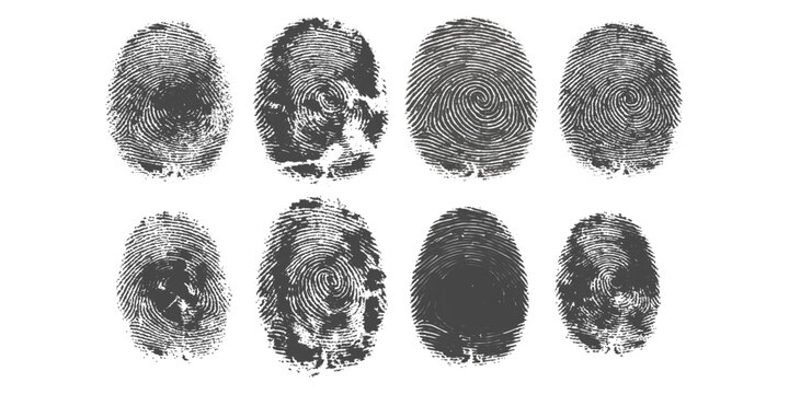 Set of grunge black fingerprint textures isolated on white background vector illustration for security identity and crime concept