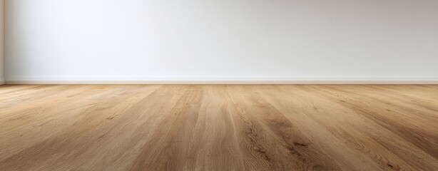 The wooden floor of an empty minimalist room with clean white walls