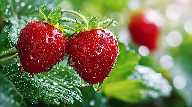 Two red strawberries with water droplets