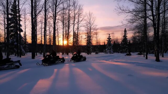 Snowmobiles parked in a serene snowy forest during a vibrant winter sunset with warm orange hues and silhouetted trees, evoking a peaceful winter olympics atmosphere.