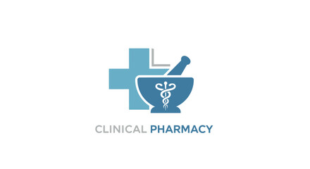 Clinical Pharmacy Healthcare Logo with Medical Cross and Mortar Pestle Icon, isolated white background