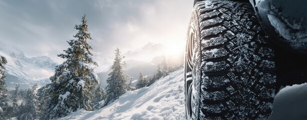 The tire gripping snowy mountain road during a winter off-road adventure at sunrise