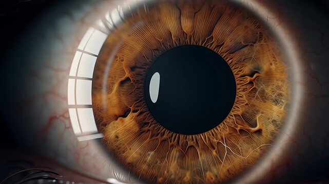 Extreme macro close-up of a human eye iris showing deep amber and brown textures, sharp focus on the pupil with subtle light reflections. Created with generative AI.
