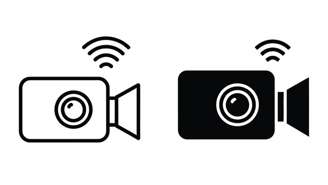 Collection of wireless video camera icons displayed in both outline and solid glyph styles for technology use
