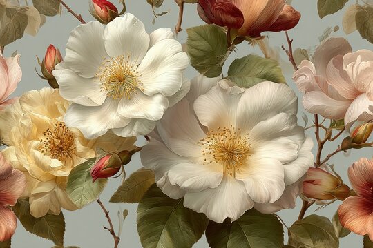 Elegant, chic, vibrant  seamless repeatable pattern featuring blooming spring roses