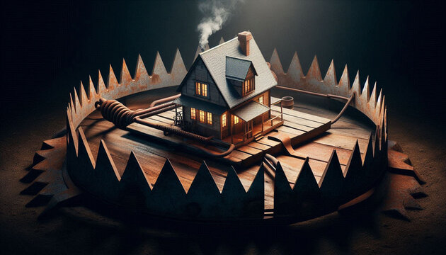Real estate trap concept: mortgage risk and housing affordability crisis. House in the center of a real estate trap