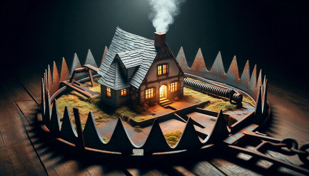 Real estate trap concept: mortgage risk and housing affordability crisis. House in the center of a real estate trap