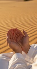 Faith And Spiritual Reflection Shown By Prayer Hands Over Warm Sand Desert