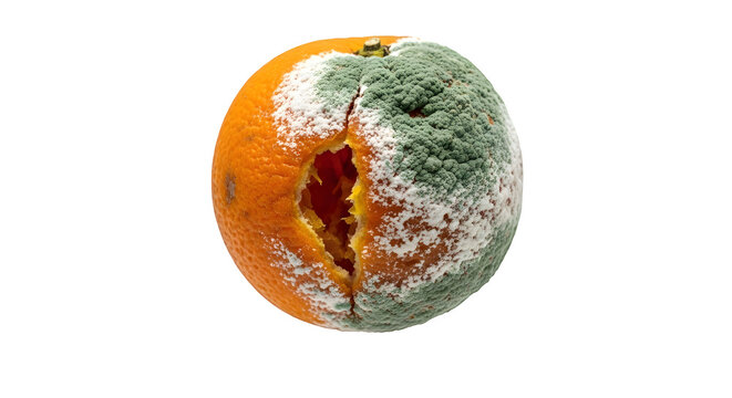 A single rotten orange fruit covered in green and white decay and mold, isolated on white or transparent background. PNG