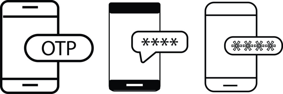 OTP icon set. One time password and security symbol. Mobile phone with password sign. Mobile security token symbols
