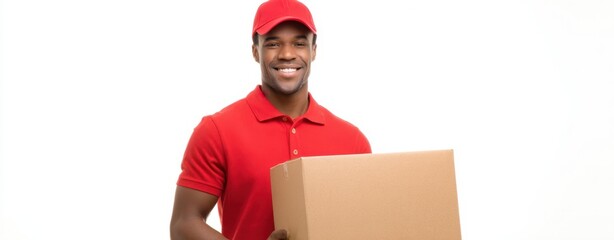 The delivery courier holding a cardboard box with a friendly confident smile