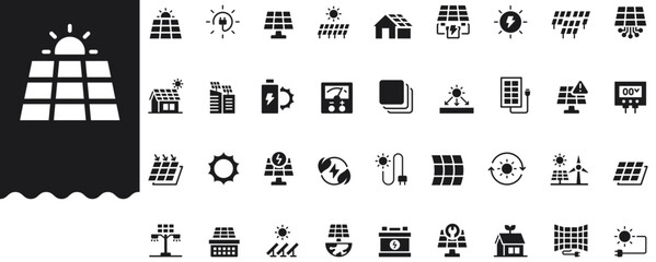 Solar Energy Icons set vector illustration with collection of panels, battery, inverter, smart grid, solar power, green energy, eco, sustainability, ecology, meter, charger, photovoltaic, farm, sun © My stock Assets