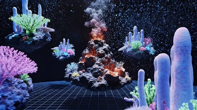 Underwater volcanic eruption with glowing coral structures and particle effects