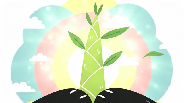 Cute panda bear cub enjoys a growing bamboo shoot with a rainbow.