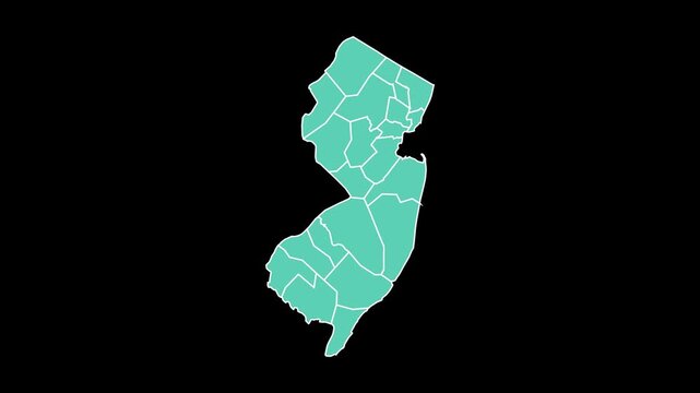 New Jersey State Map Animation 4K Transparent Background Digital Tech Style Counties Appearing Sequentially Teal Blue Business Motion Graphics For News And Infographics