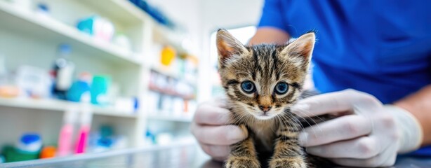 The Kitten at the Veterinary Clinic Receiving a Gentle Checkup from a Gloved Technician