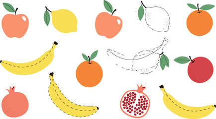 Colorful hand drawn fruit illustration set with apples bananas oranges lemons and pomegranate in playful flat and outline mixed style © Nasrin