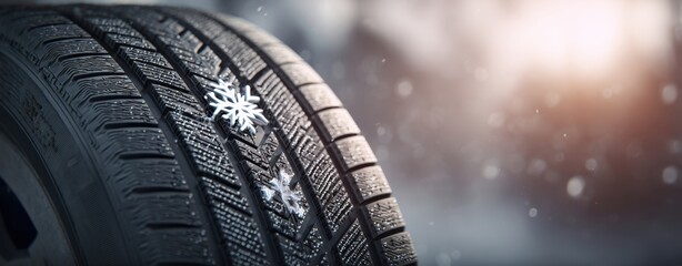 The Tire with Snowflakes and Frosted Tread Ready for Winter Driving Conditions