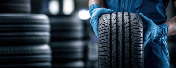 The Tire Held by a Gloved Mechanic in a Busy Automotive Repair Shop