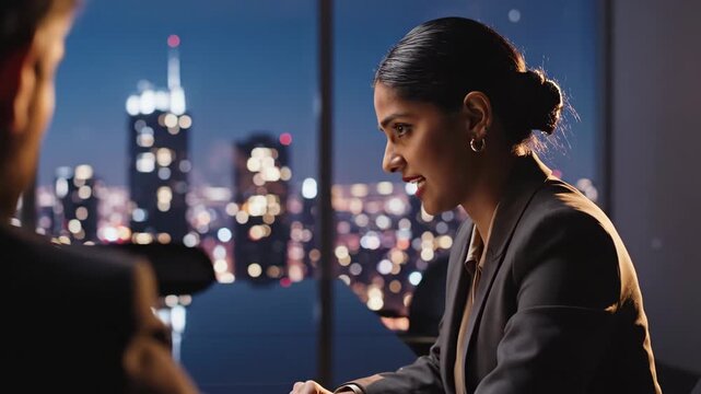 A businesswoman discusses intently during a night meeting, with a blurred city skyline in the background. Conveys themes of collaboration and urban pr