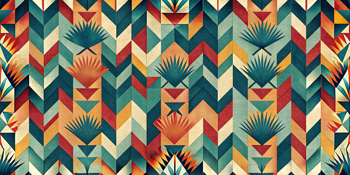 Abstract chevron pattern with tribal motifs and geometric shapes, colorful seamless traditional textile design