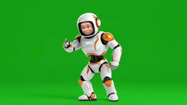 A cheerful, white and orange robot with a human-like face, wearing a helmet, stands on a green background