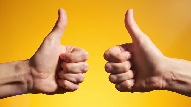 Two hands giving a thumbs up gesture on a vibrant yellow background