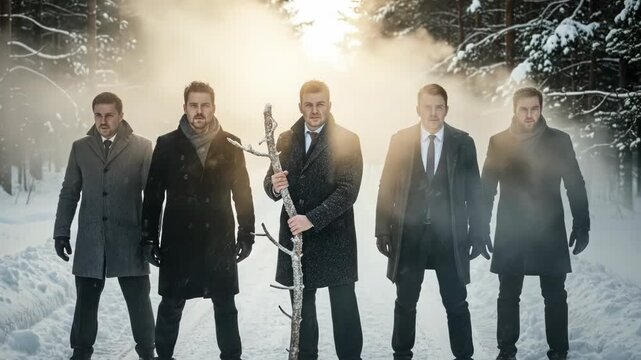 A serious group of five men standing in a snowy winter forest path.