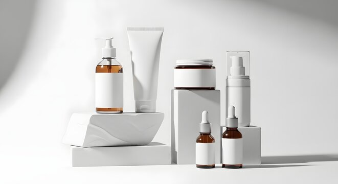 Collection of white and amber glass cosmetic bottles and jars arranged on abstract pedestals