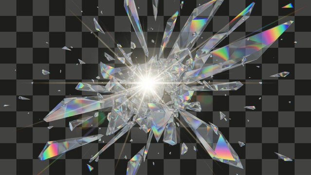 Crystal Shards Exploding Broken Glass Fragments Rainbow Spectrum Refraction Effect Transparent Backdrop