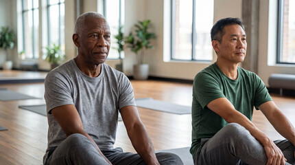 Senior Black man and Asian man sitting on yoga mats in a bright, sunlit fitness studio.