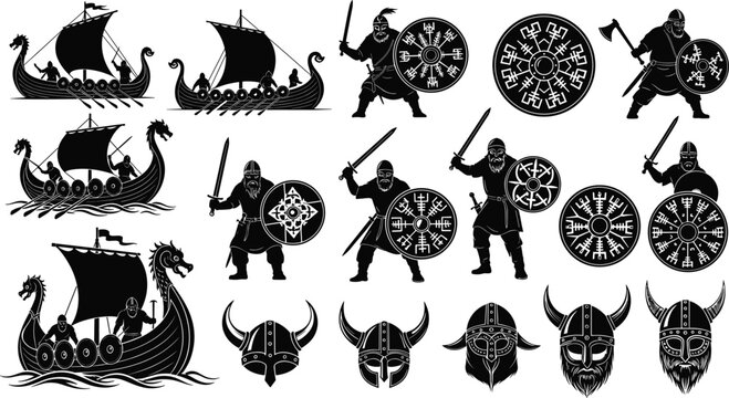 Viking warrior silhouette icon set, Norse mythology, longship design, shield symbol, helmet horn, sword axe, vector illustration, black pictogram, heritage, history