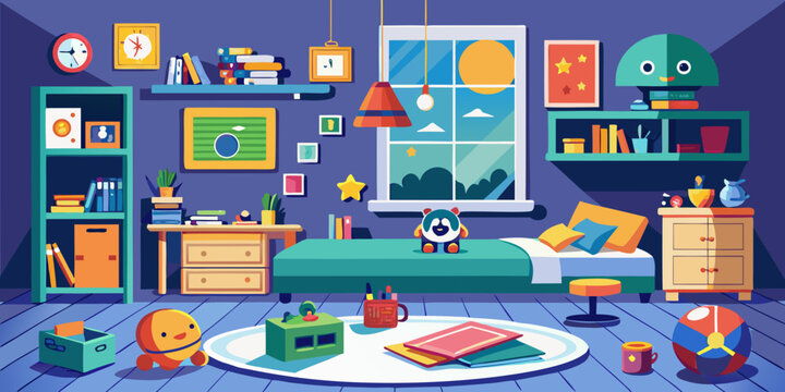 Dormitorio de un ni&ntilde;o peque&ntilde;o con espacio para los juguetes y el estudio, creada con IA generativa
