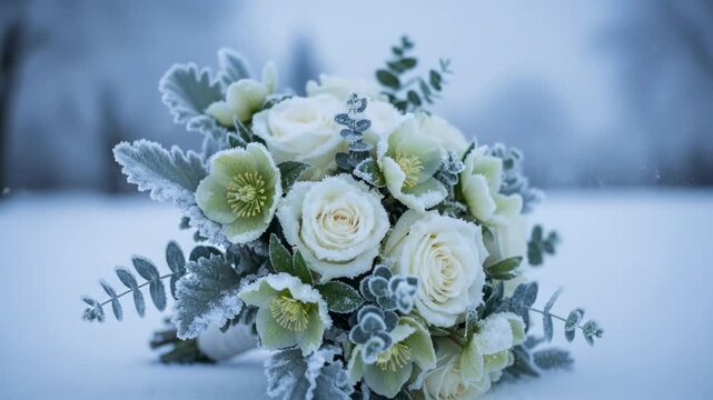 White roses and hellebores bouquet in winter snow