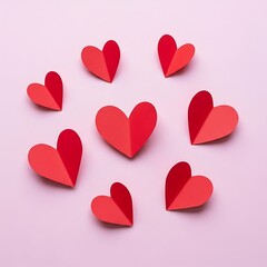 A collection of red origami hearts arranged in a circular pattern on a light background